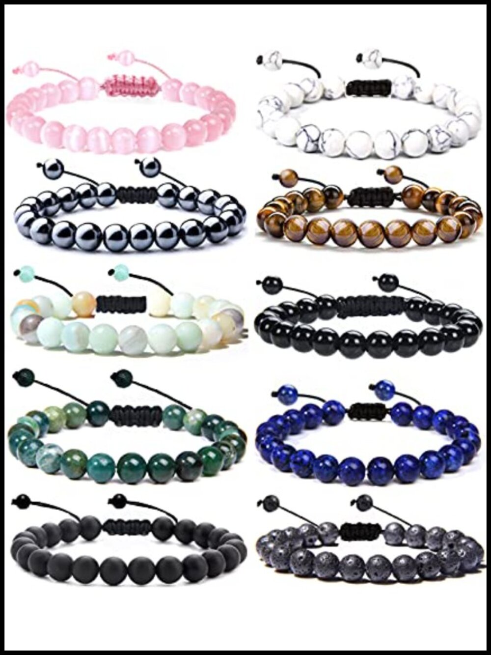 10 PC Mixed Natural Stone Stretch Bracelets Set, Adjustable 8mm Beaded for